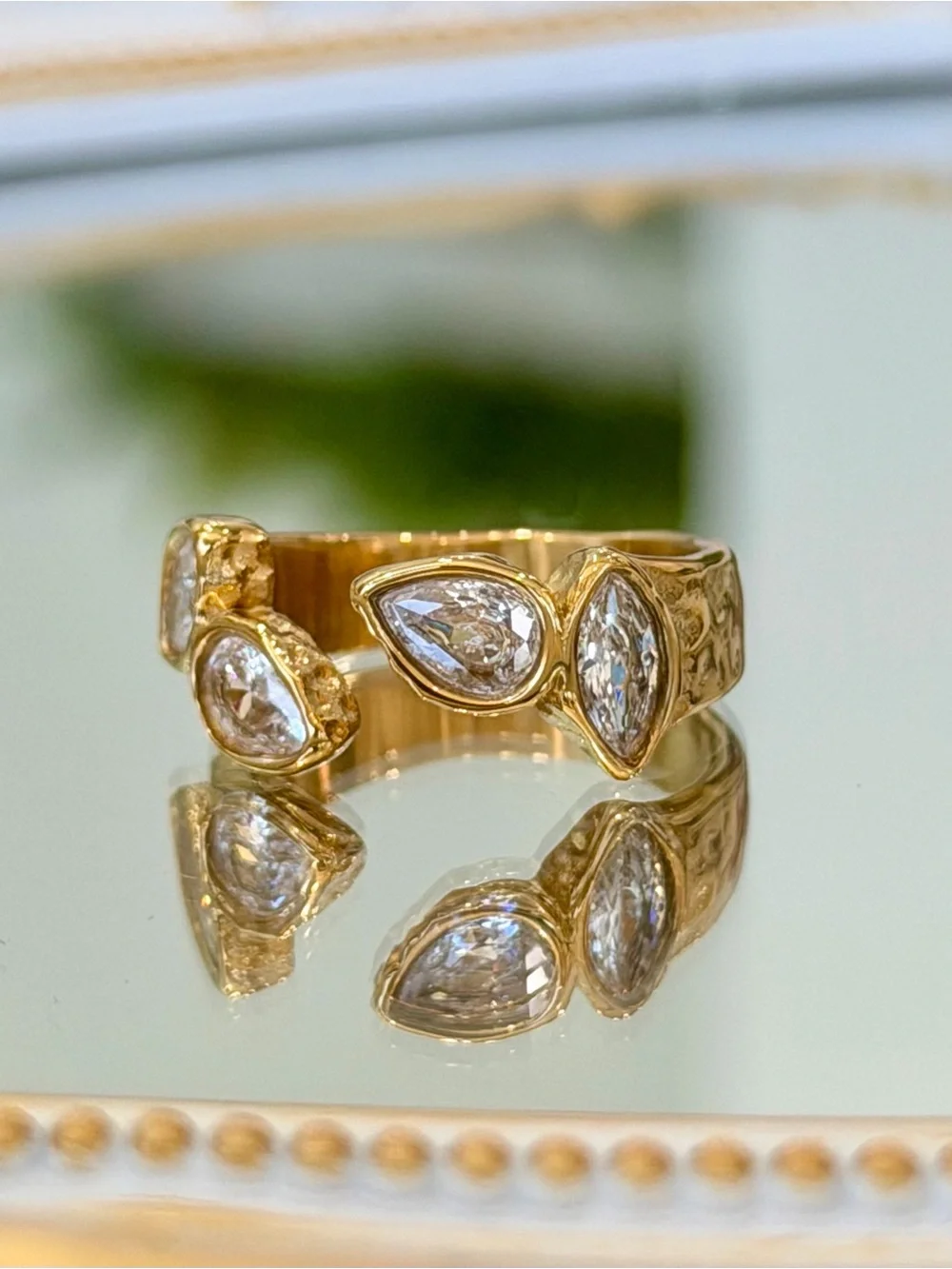 New Gold Tone Front-Opening Teardrop Crystal Cuff Ring — Adjustable Fit US Sizes
